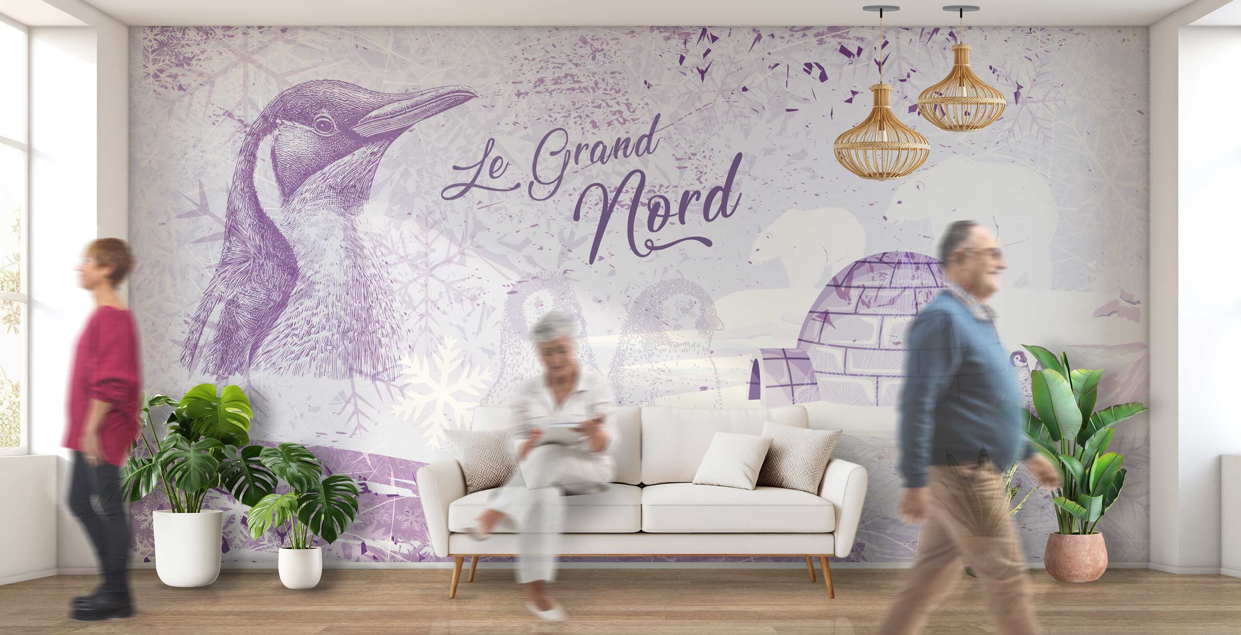 Salon avec des personnes âgées, décoré avec un papier peint apaisant et coloré, moderne, sur le thème du Grand Nord, créant une atmosphère sereine et inspirante.