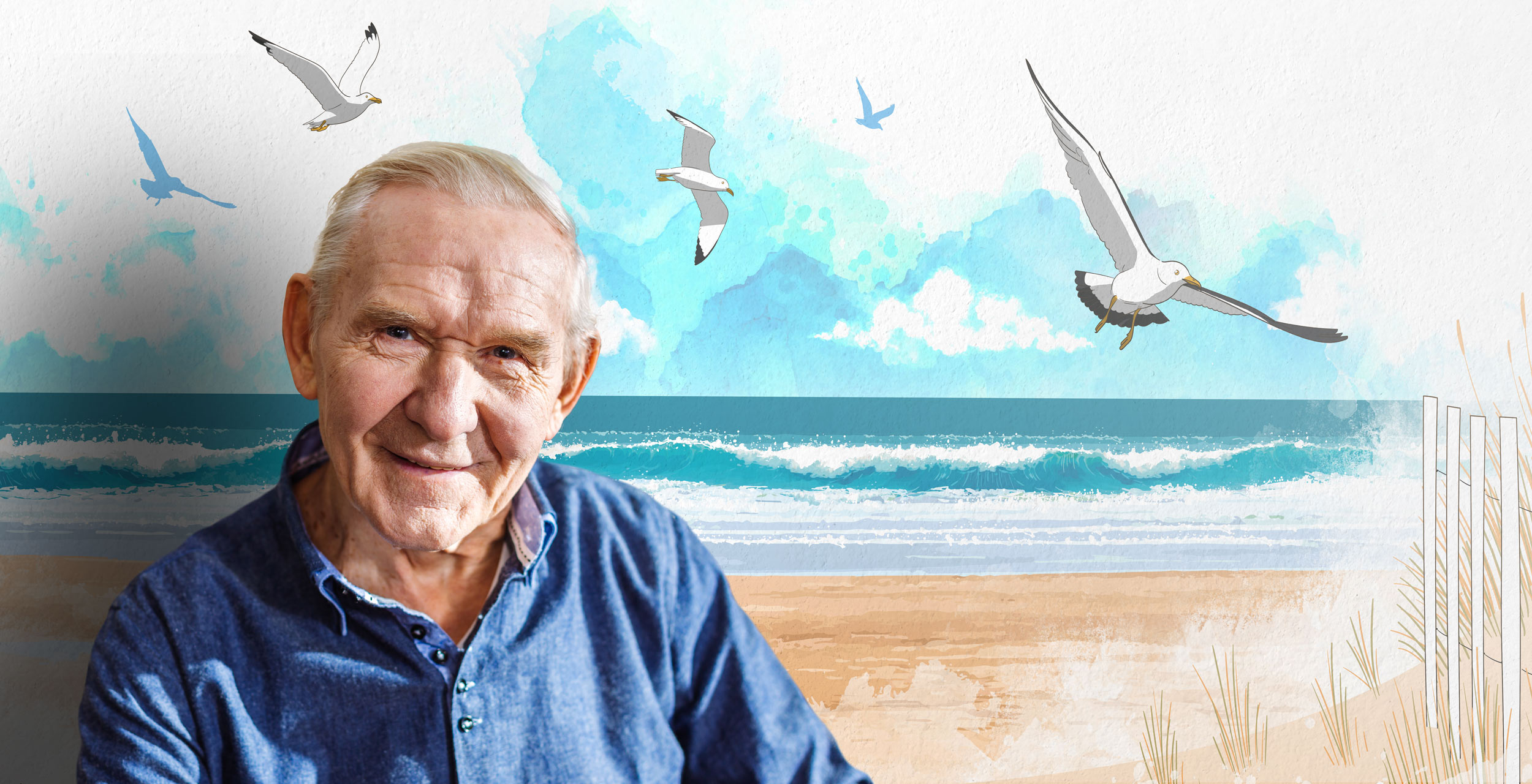 Portrait d'une personne âgée apaisée, une illustration douce et colorée d'une plage bretonne, créant une ambiance sereine et réconfortante.