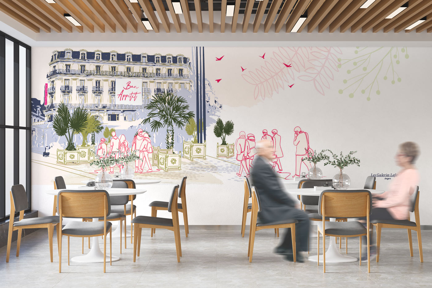 mockup d'un restaurant avec une illustration des galeries lafayette d'Angers.