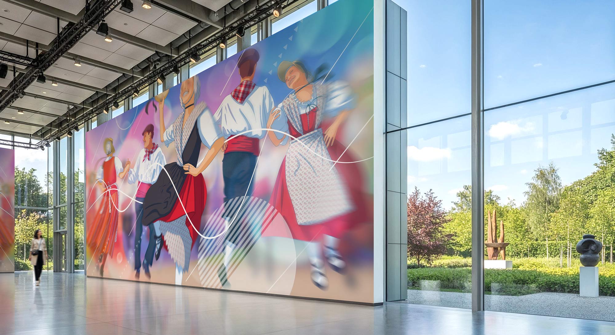 Cette photo est une illustration d'un bagad posée sur un mur de salle des fêtes