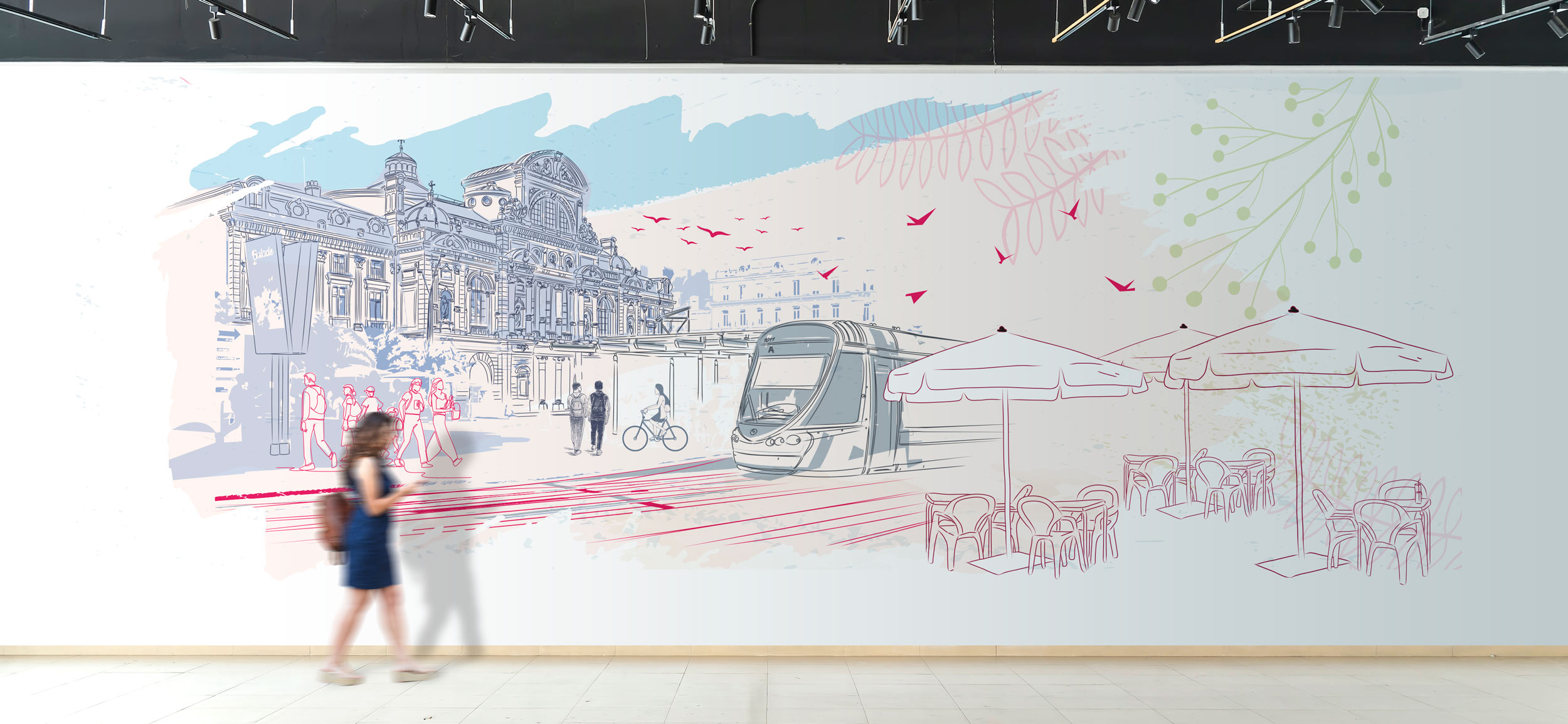 La photo d'un couloir avec une passante montre une illustration de la place du ralliement à Angers