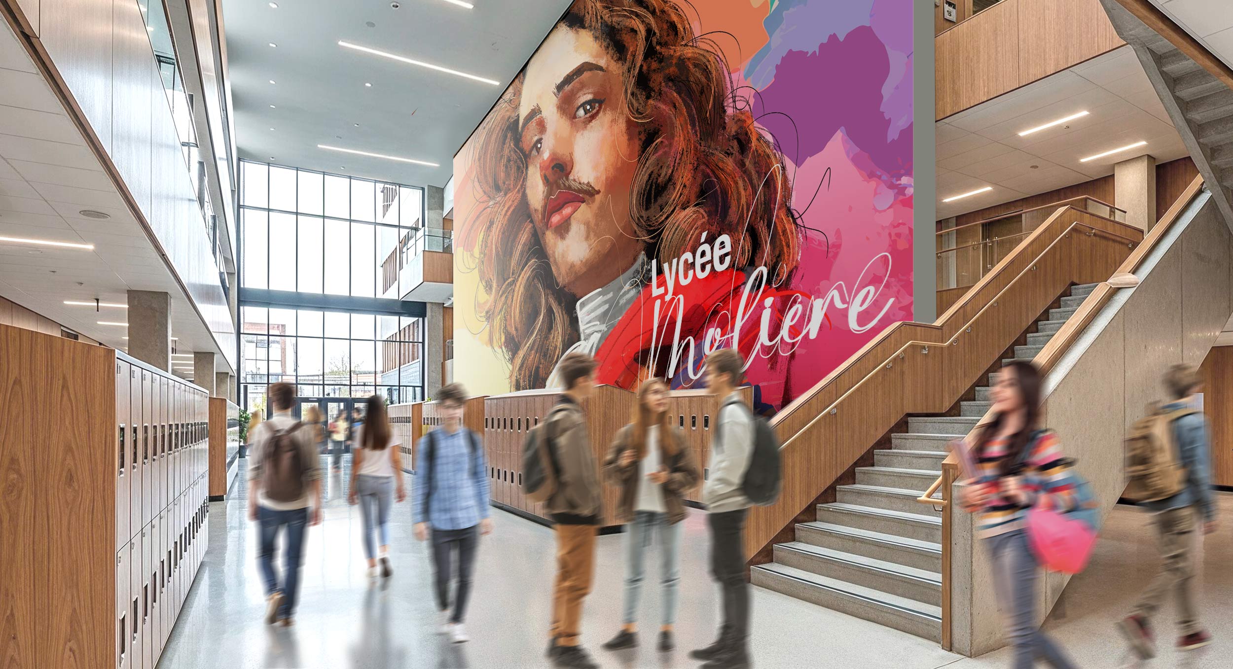 Mockup d'un couloir de lycée avec une immense oeuvre murale