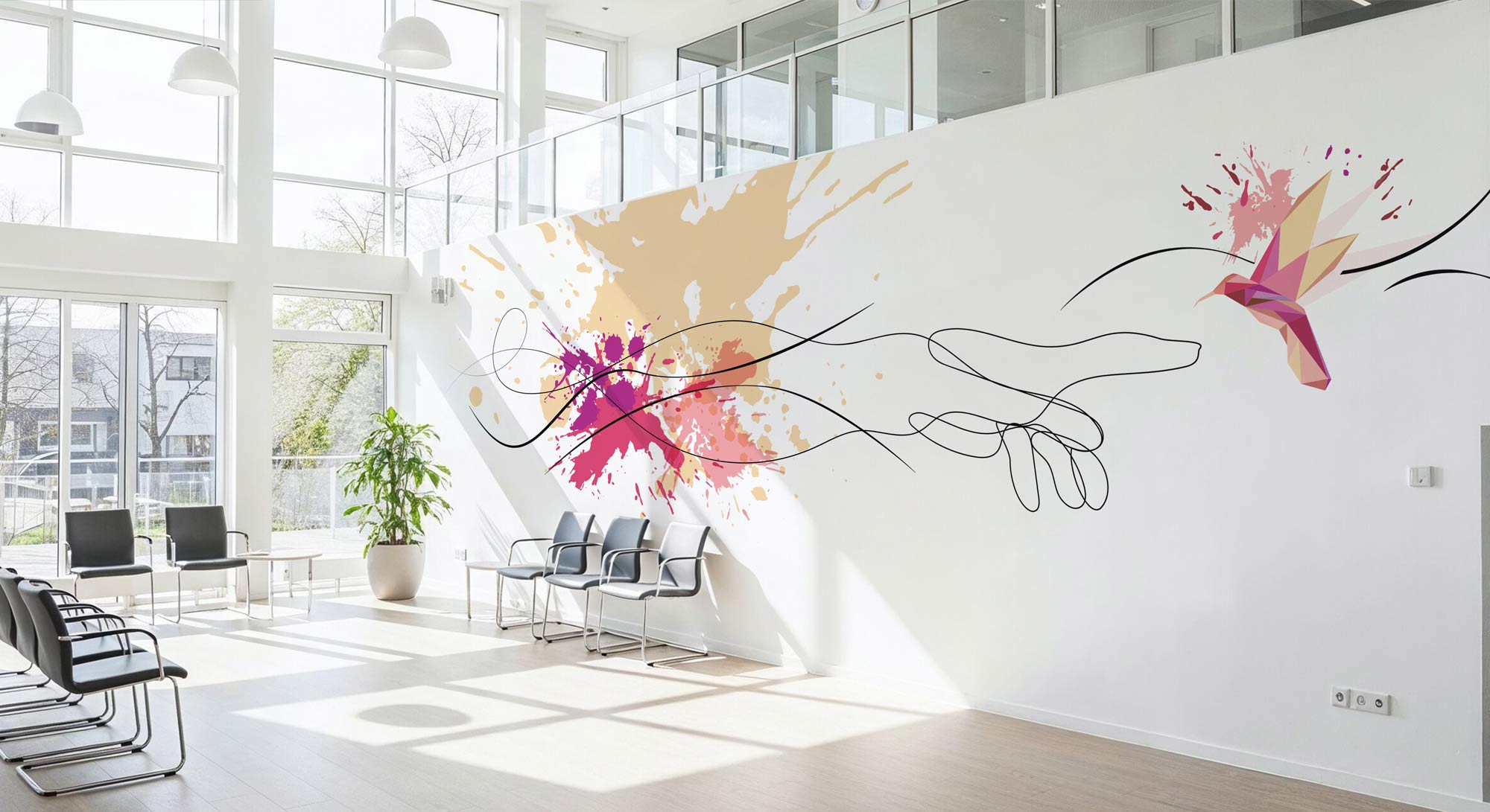 Ce design est une oeuvre moderne dans les tons chauds pour habiller une salle d'attente