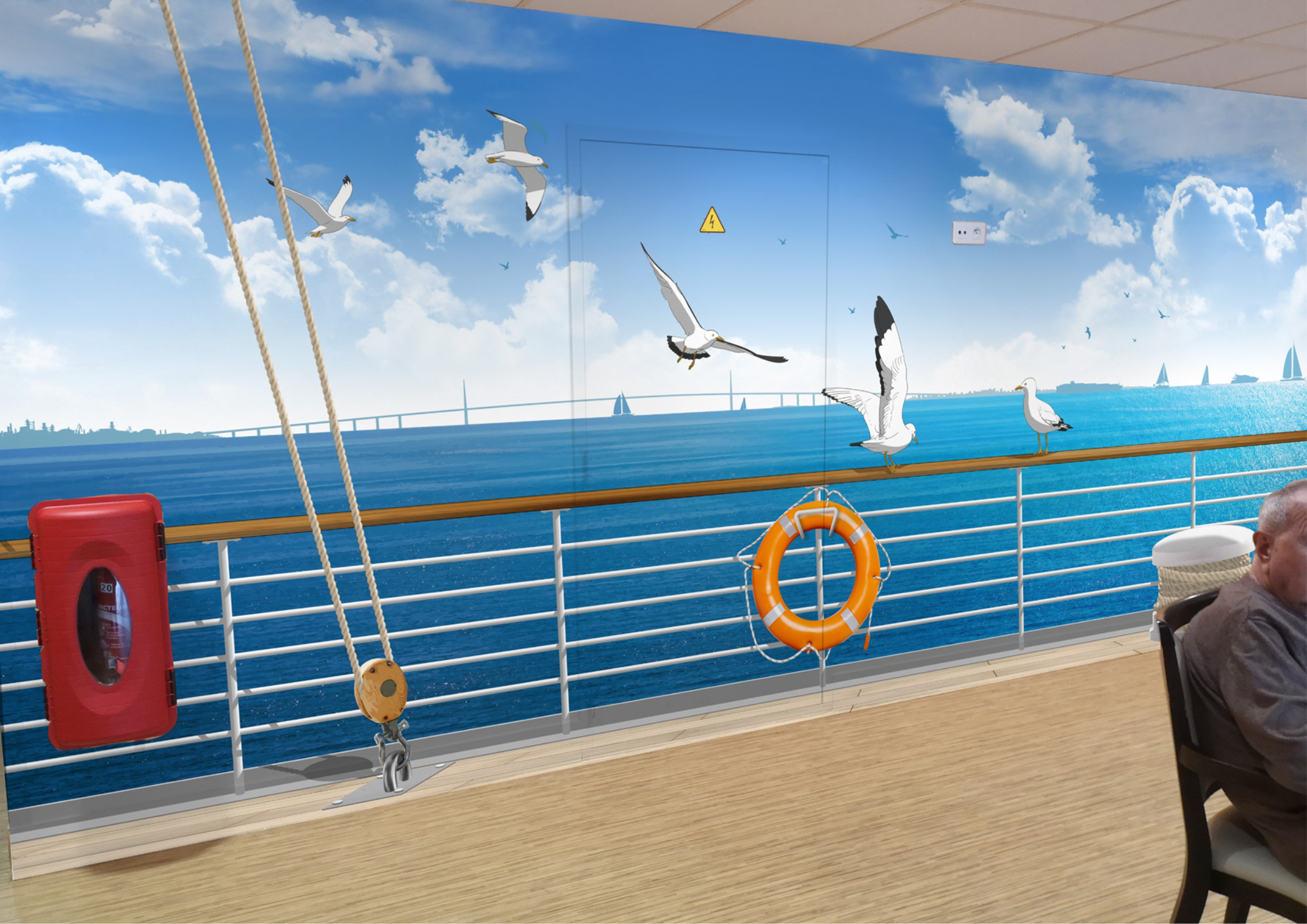 16 Le mur est habillé d'un adhésif XXL représentant le pont d'un bateau.