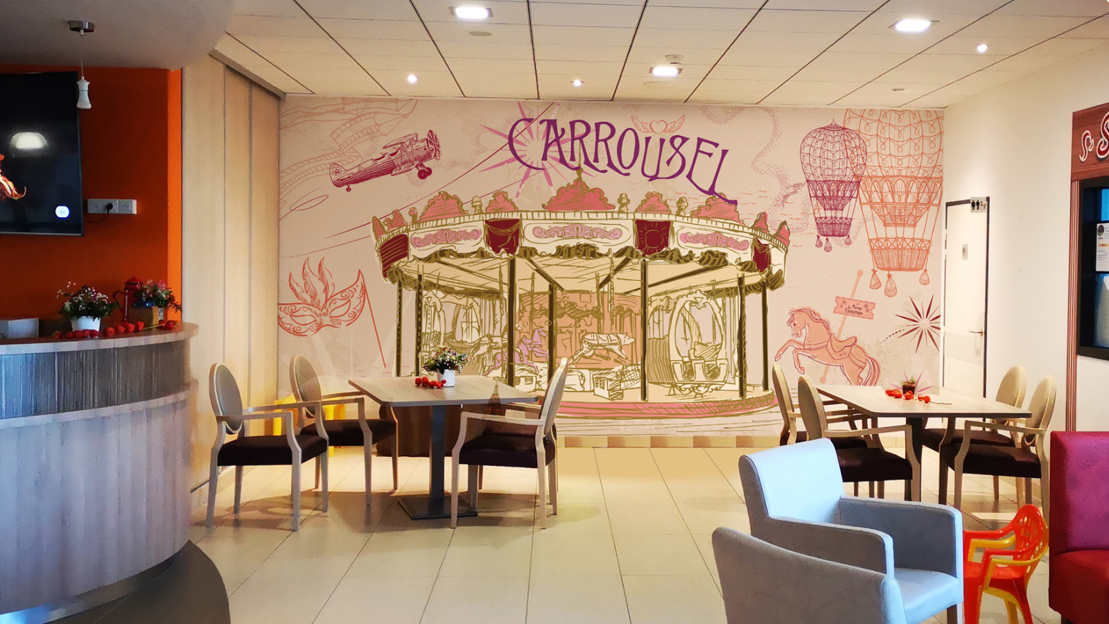 36 Fresque murale thématique Carrousel dans un espace de restauration ou détente – Décoration Manège Avion Ballon – Ambiance rétro café