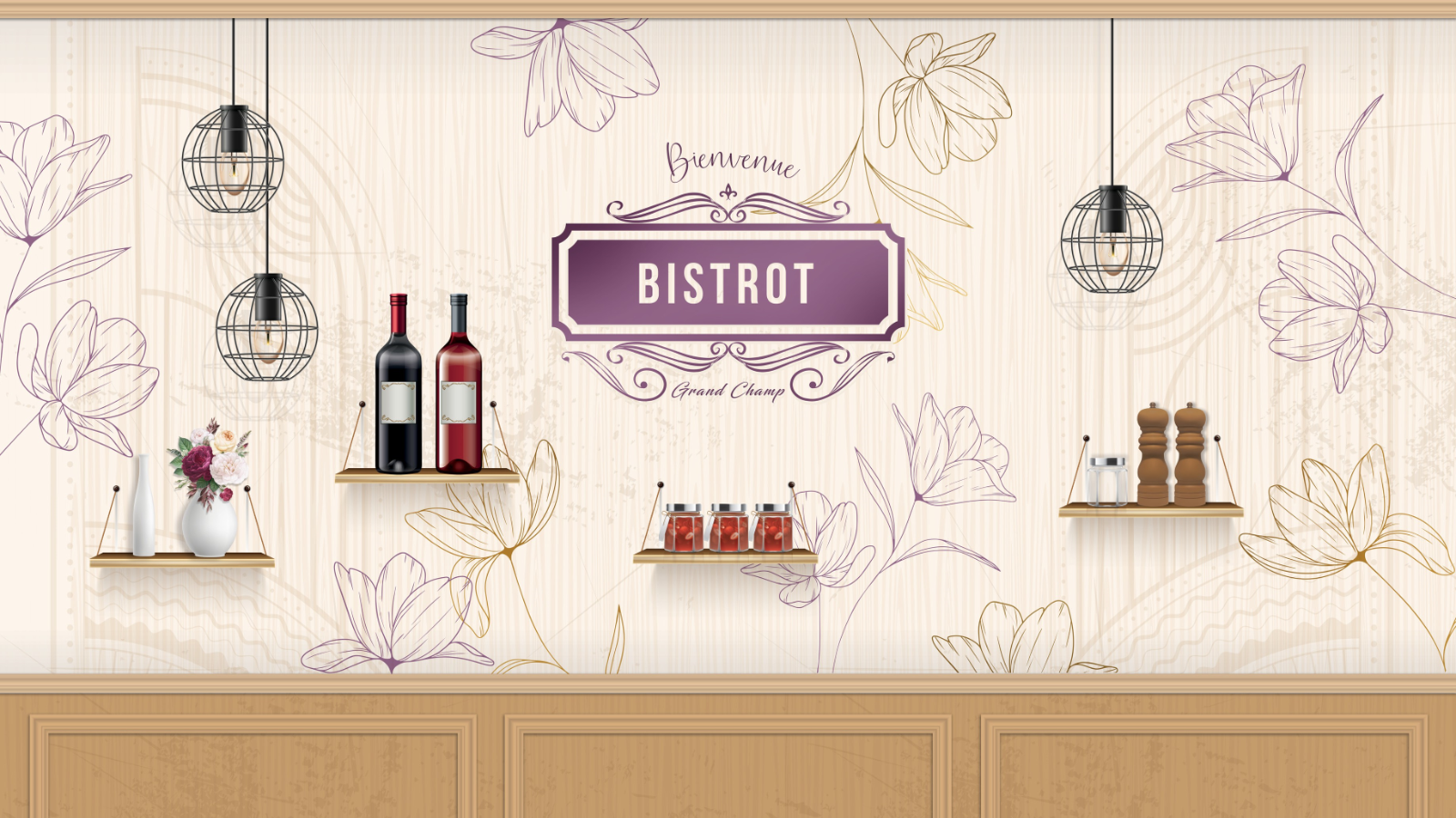 37 Décoration murale pour Bistrot Grand Champ – Design intérieur ambiance restaurant et cuisine – Étagères bouteilles vin et épices – Motif floral