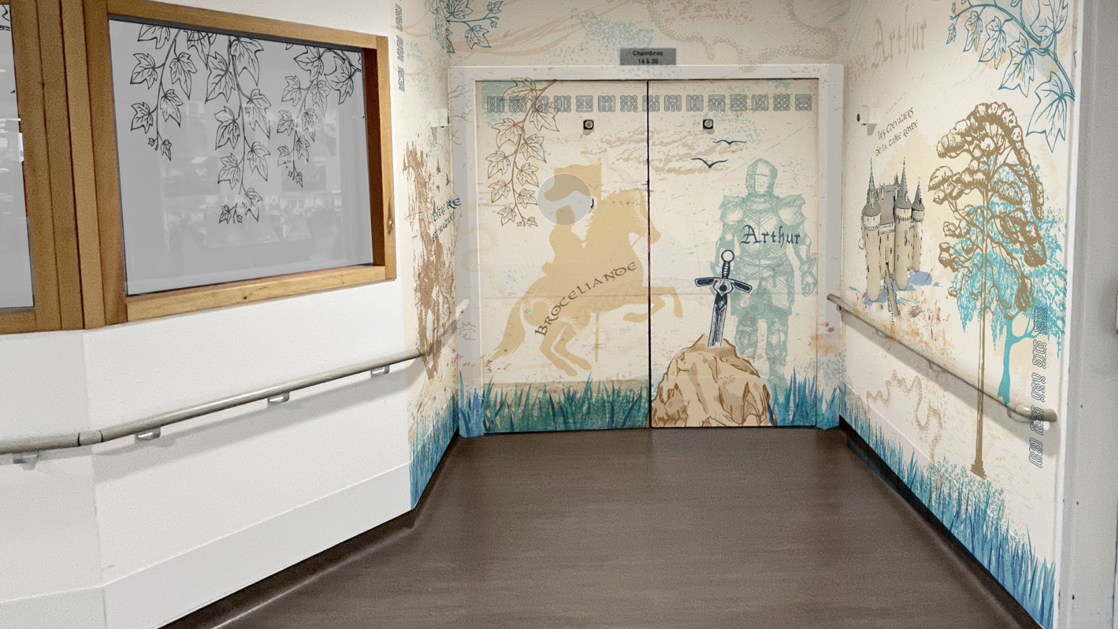 couloir-fresque-roi-arthur-excalibur-broceliande.jpg Décoration intérieure sur le thème du Roi Arthur et d'Excalibur dans un couloir – Fresque Brocéliande – Murale Chevalerie médiévale