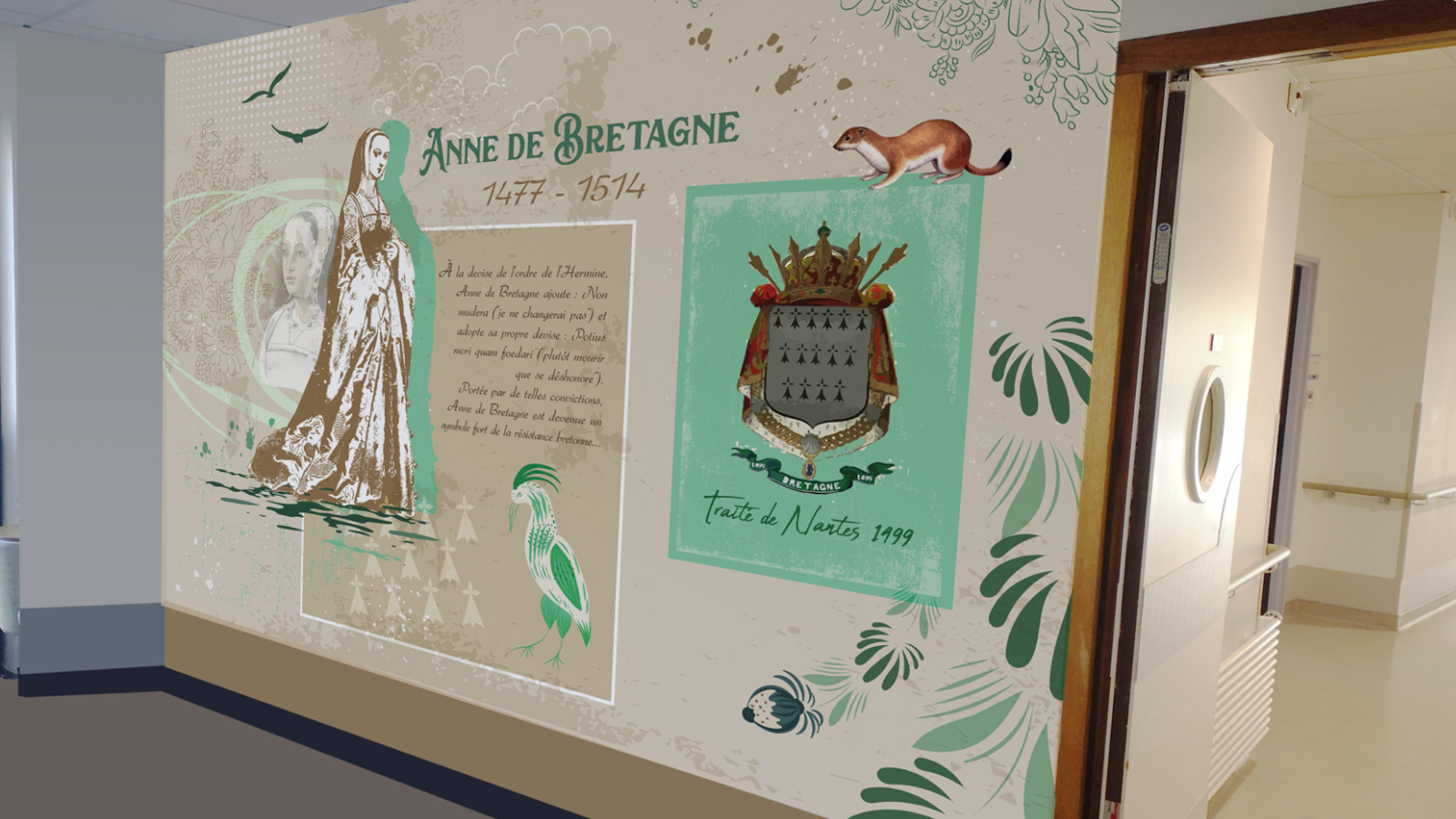 42 Une fresque murale didactique dédiée à Anne de Bretagne (1477-1514), illustrant son portrait, ses armoiries (l'hermine), et le symbole de la résistance bretonne, enrichissant un couloir thématique.