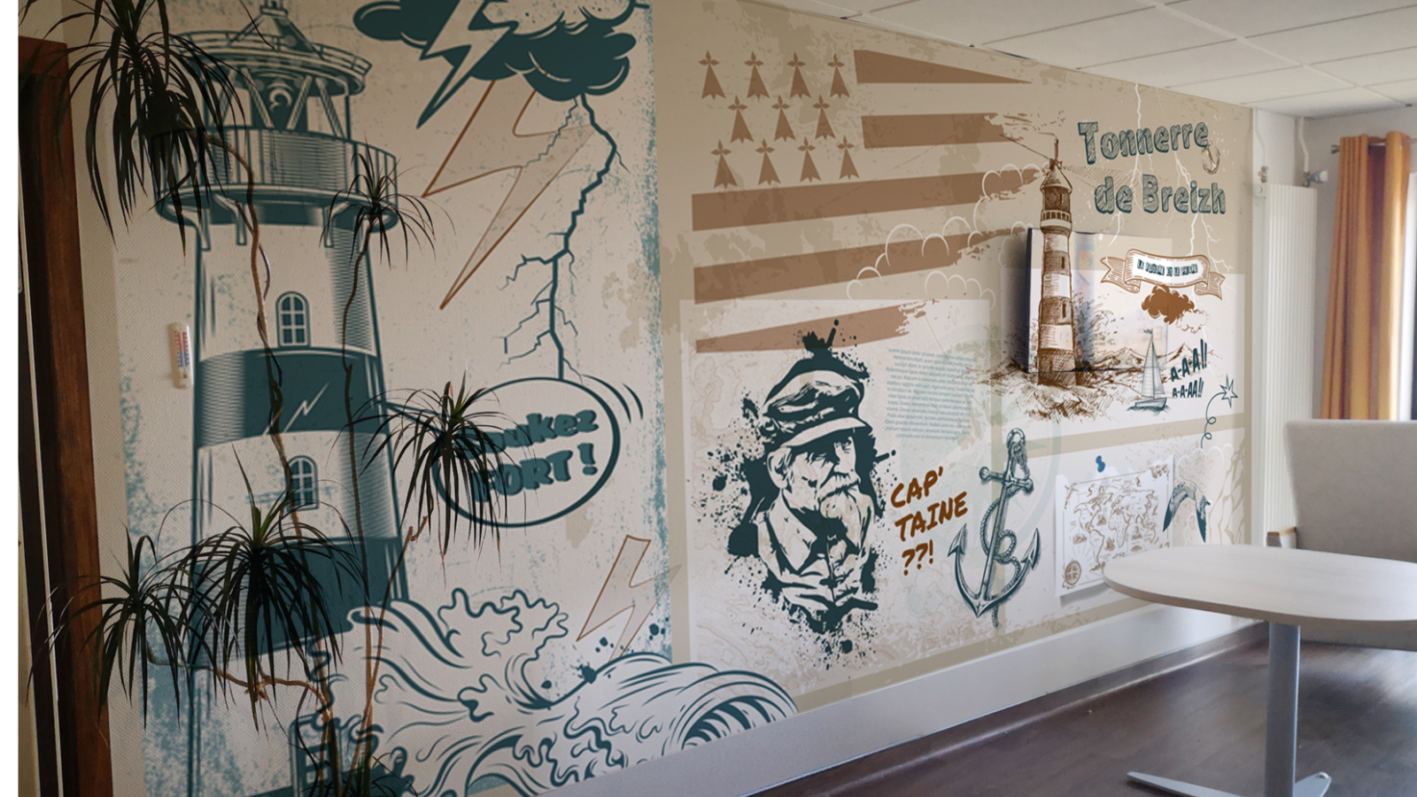 43 Une fresque murale de style vintage et grunge combinant un phare raye (symbole du Finistère), un portrait de vieux loup de mer, des vagues, un drapeau breton (Gwenn ha Du) et le slogan "Tonnerre de Breizh".