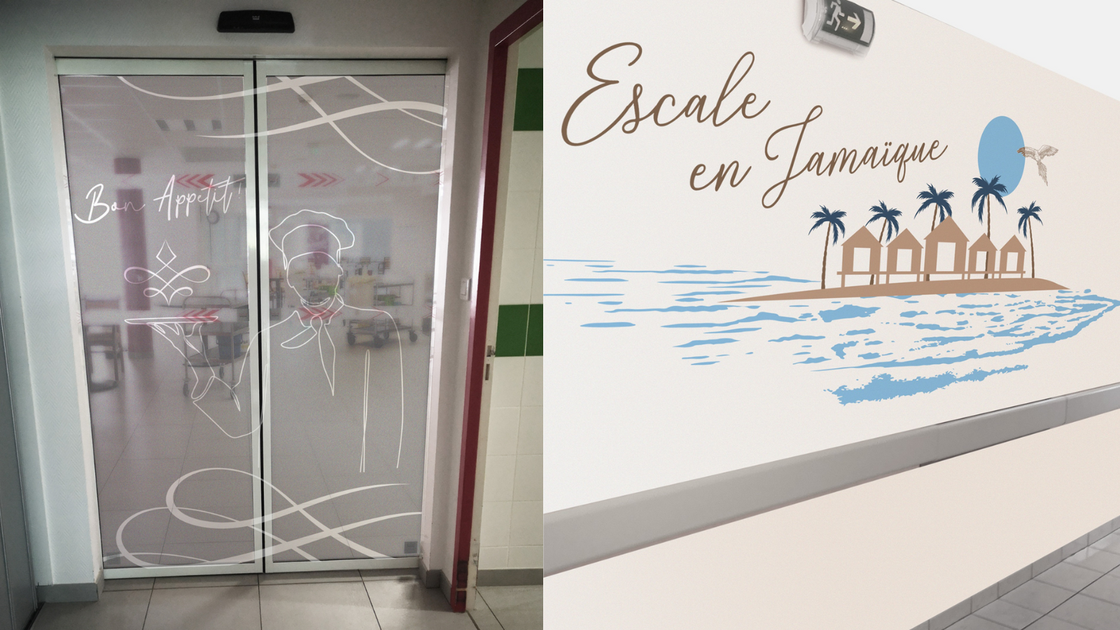 "Bon Appétit" sur une porte de cuisine/restaurant et "Escale en Jamaïque" sur un mur adjacent, mêlant ambiance culinaire et évasion tropicale dans des espaces de restauration ou de pause.