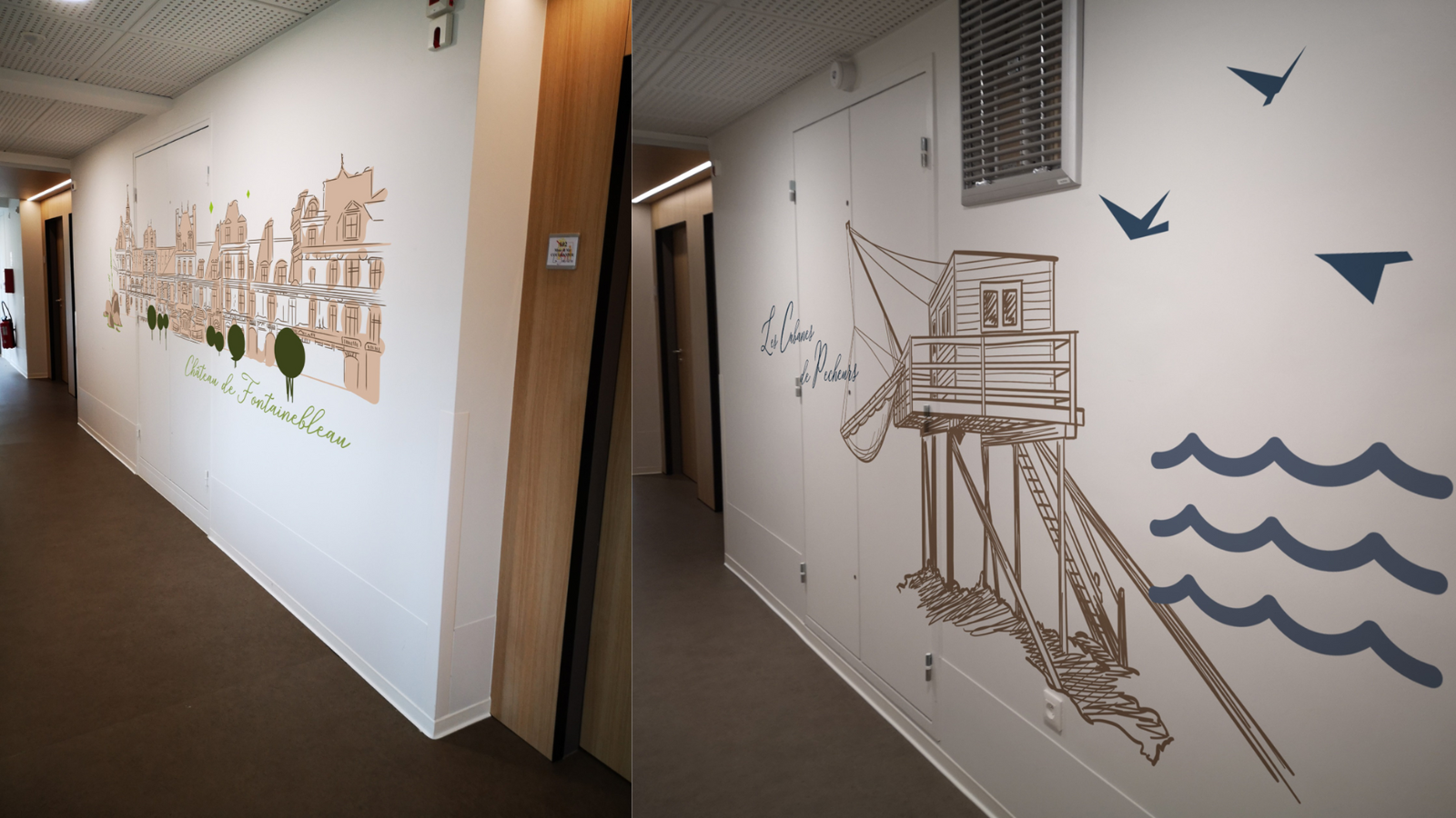 Un couloir décoré d'une fresque historique et culturelle de Château de Fontainebleau et d'une cabane de pêcheur du littoral atlantique ("Les Cabanes de Rêves"), mêlant patrimoine et tradition française.
