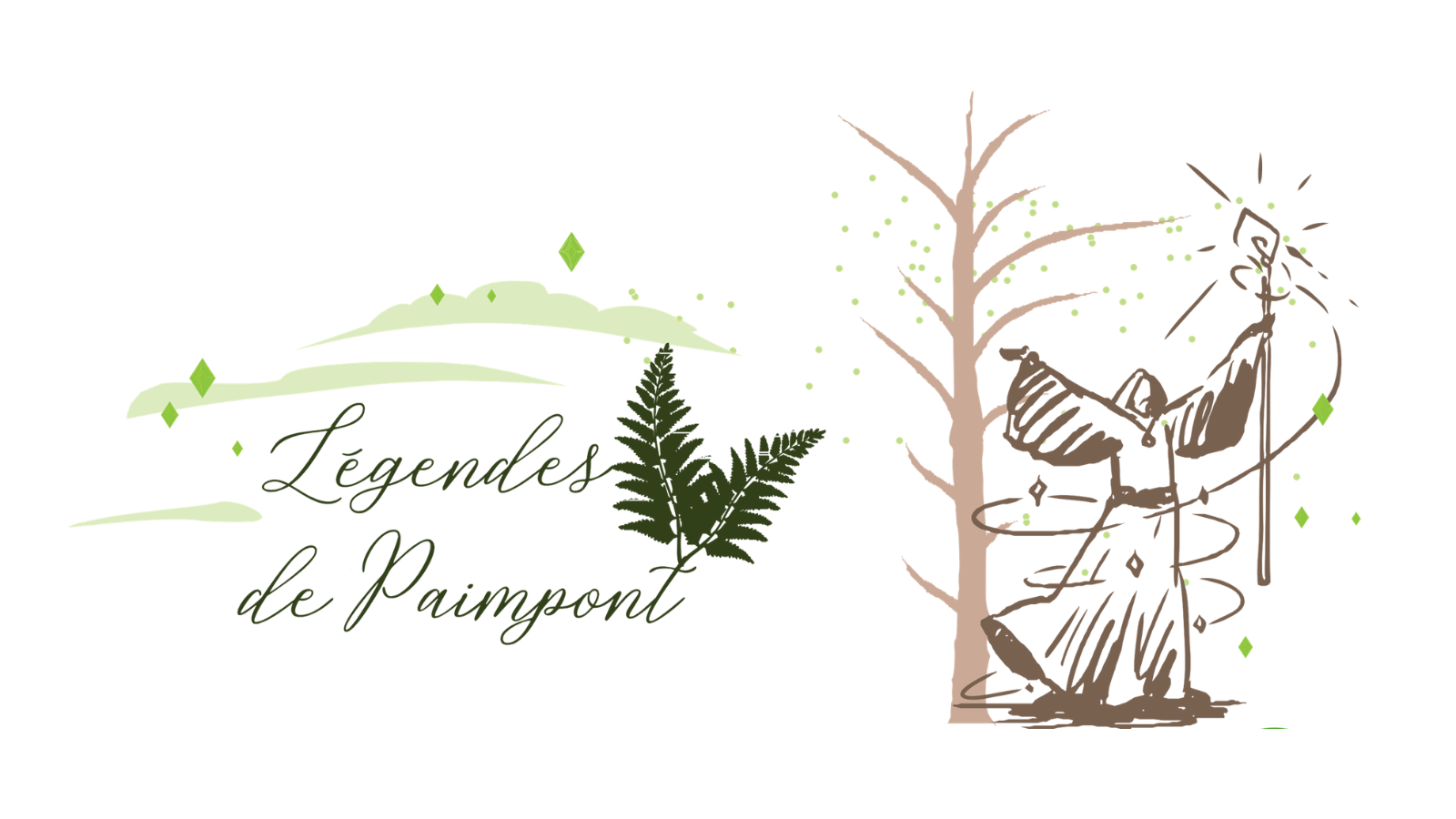 Illustration mystique : "Légendes de Paimpont" – Représentation graphique d'un personnage de type magicien ou enchanteur près d'un arbre, avec des motifs de fougère et des touches de vert pour évoquer la forêt de Brocéliande et ses mythes.