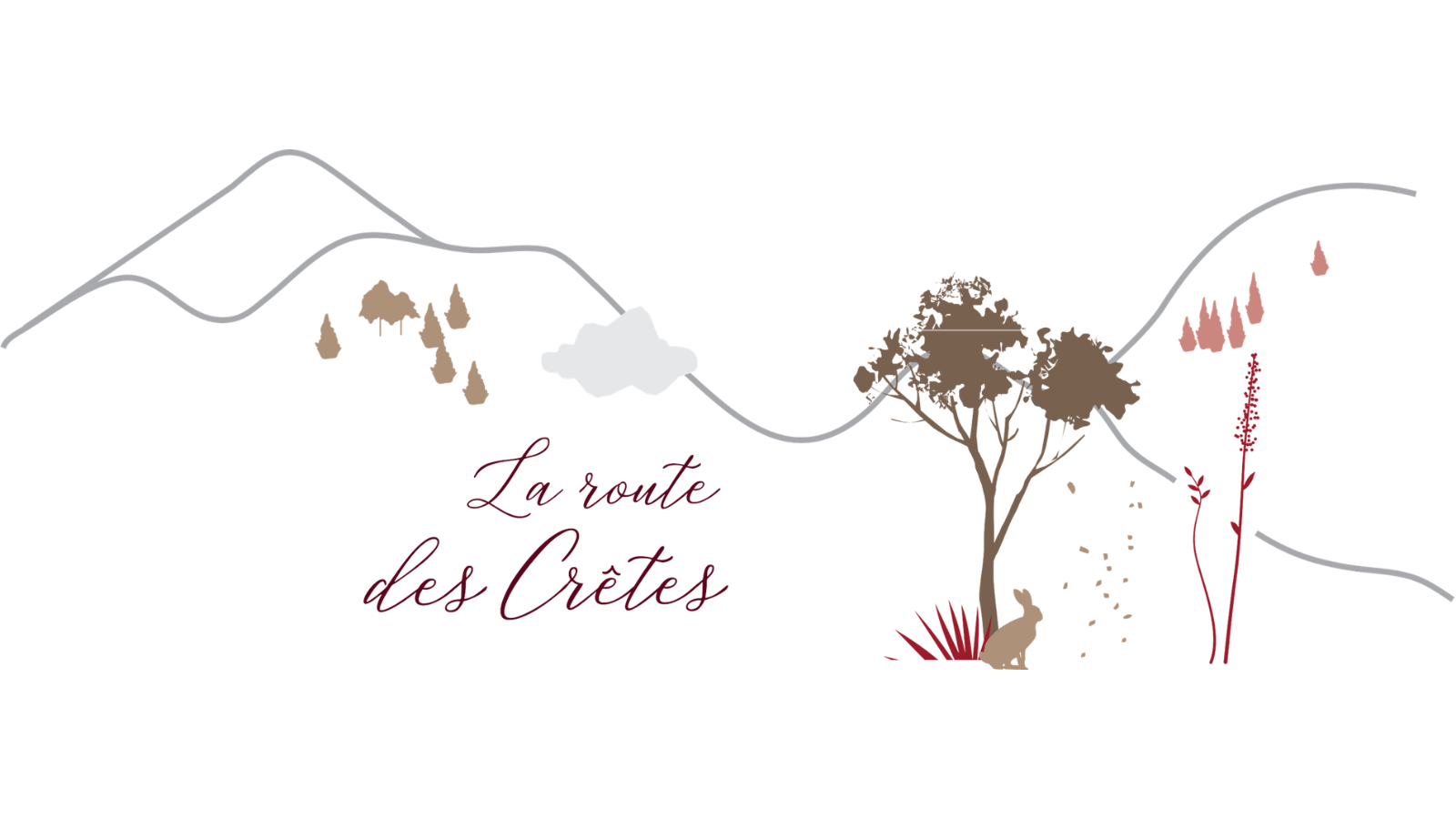 Décoration murale élégante : "La route des Crêtes" – Une illustration minimaliste de paysage montagneux et de faune méditerranéenne (lièvre, arbre) dans des tons chauds de bordeaux et de brun, idéale pour une ambiance apaisante.