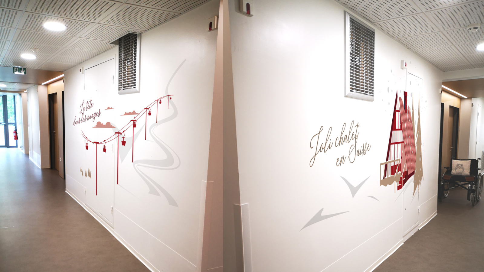 Décoration murale thématique montagne : Un couloir d'établissement de soins décoré d'illustrations apaisantes de télécabines et d'un chalet suisse, créant une ambiance chaleureuse et réminiscente pour les résidents.