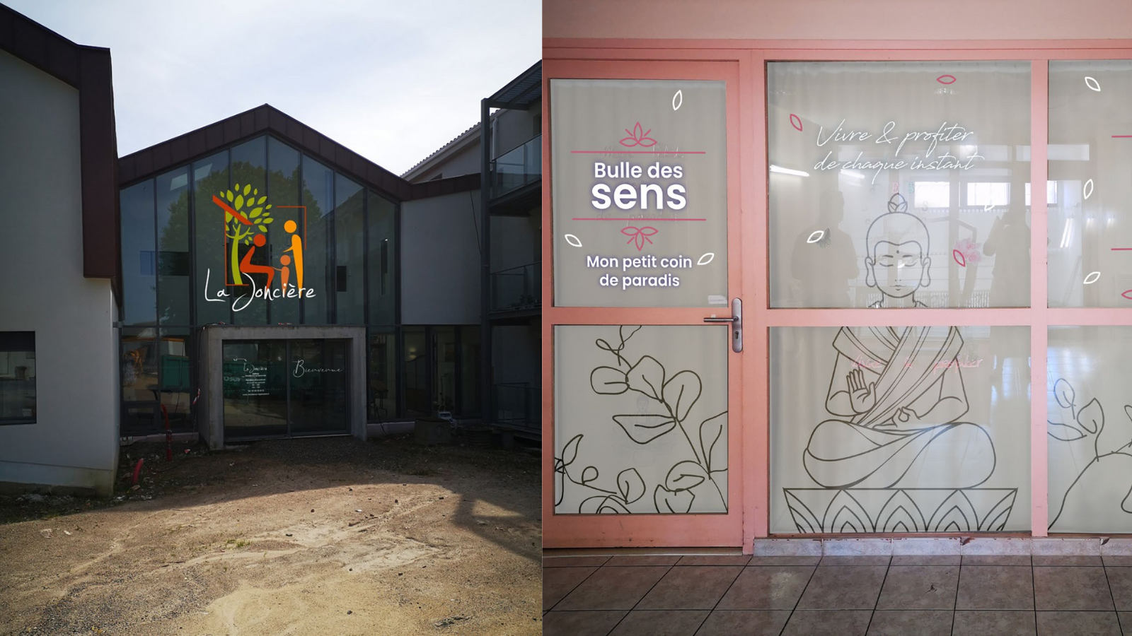Façade et vitrophanie intérieure : accueil « La Joncière » et espace bien-être « Bulle des sens ».