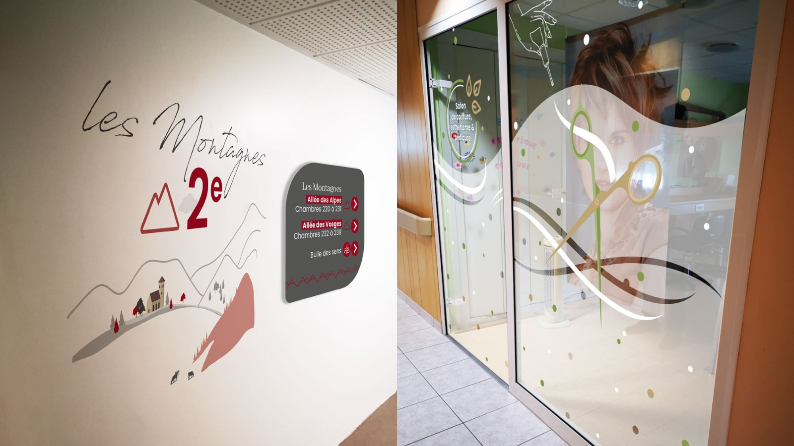 Signalétique intérieure et vitrophanie : direction des chambres « Les Montagnes » et espace coiffure-esthétique.
