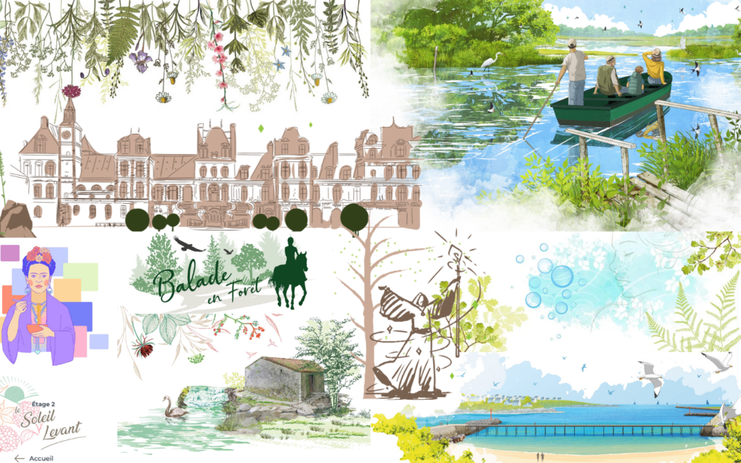 Collage d'illustrations adhésives style aquarelle et dessin au trait sur les thèmes du château de la Loire, nature, forêt, mer, et Frida Kahlo.