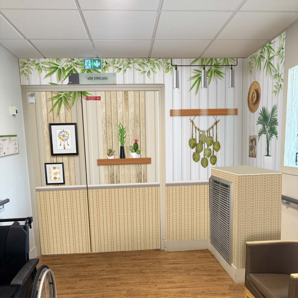 Décoration murale adhésive en trompe-l'œil avec motifs de bambous, cadres suspendus et habillage de porte assorti.