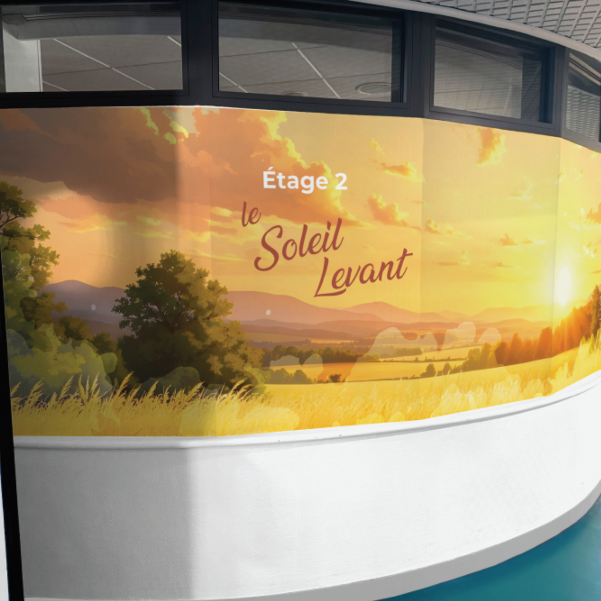 Décoration murale Étage 2 Le Soleil Levant avec paysage de campagne au lever du soleil.